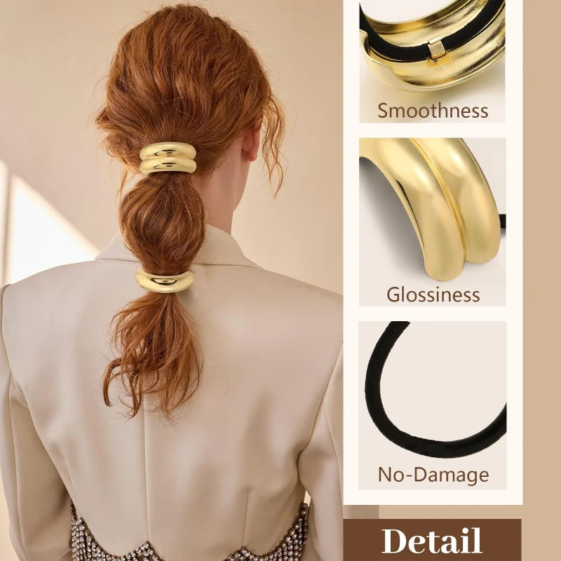 3Pcs/Bag Minimalist Cold Tone Metal Hair Ties Advanced Sense Ponytail Holders Styling Elastic Hair Bands for Women view 5