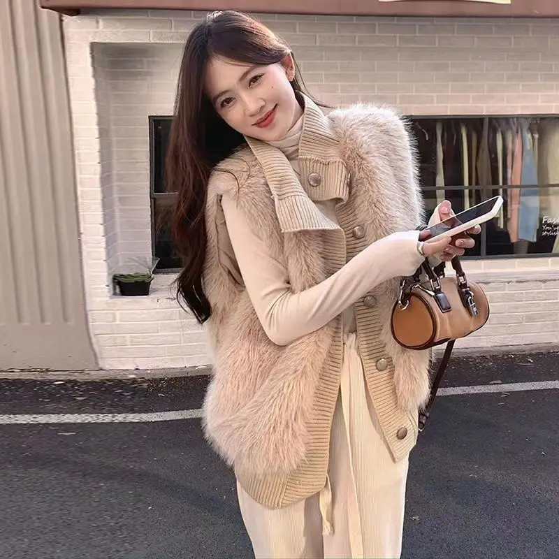 

Women Autumn Winter Warm Thicken Faux Fox Fur Vest Fashion Solid Plush Sleeveless Outerwear Ladies Short V-neck Waistcoat TS595