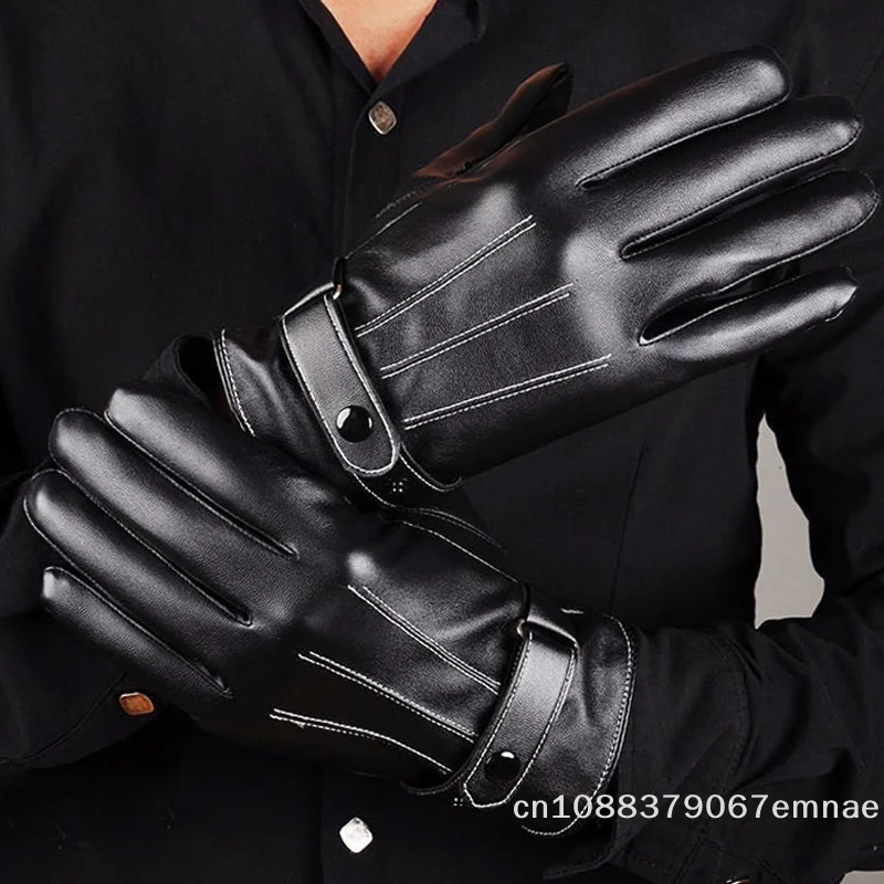 [ZYS] Herren-Winterhandschuhe aus PU-Leder, schwarz, mit Knopf, warme Fäustlinge, Outdoor-Sport, Fahren, Skifahren, winddichte Herren-Handschuhe, Winterzubehör