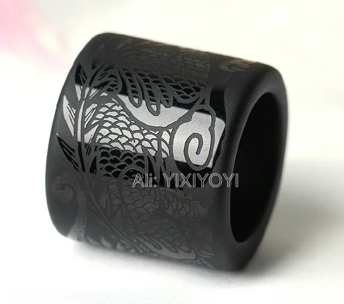 Wonderful 33mm outer diameter Natural Black Obsidian Carved Dragon Large Thumb Lucky Ring Fashion Man\'s Rings Jewelry 30mm wide