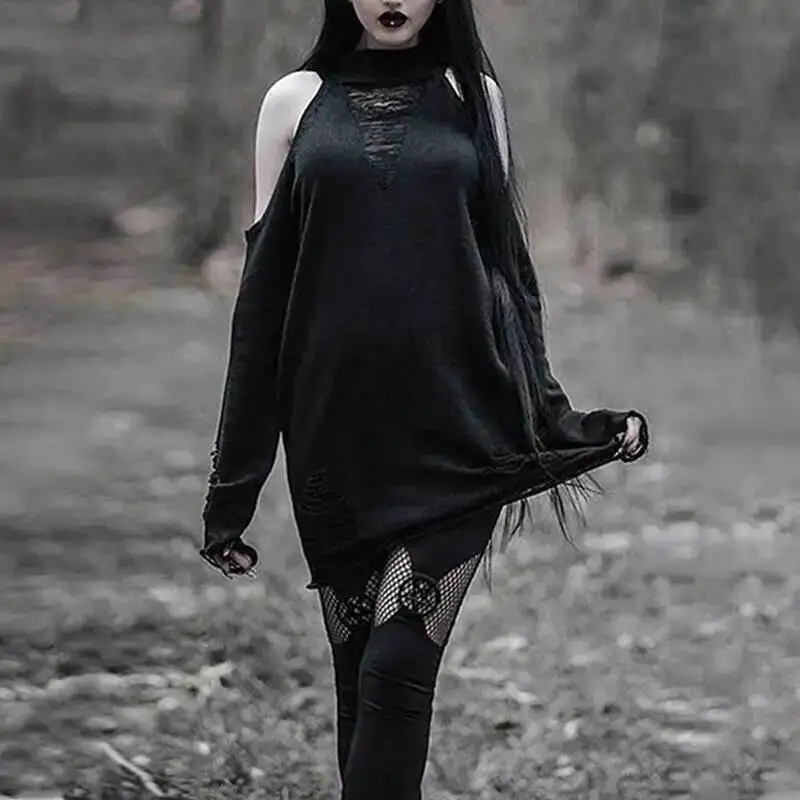 

Off The Shoulder Halter Knitting Sweater Top Fire Worship New Gothic Ripped Hollow Out Sweater Punk Hot Girl Loose Long Sleeve