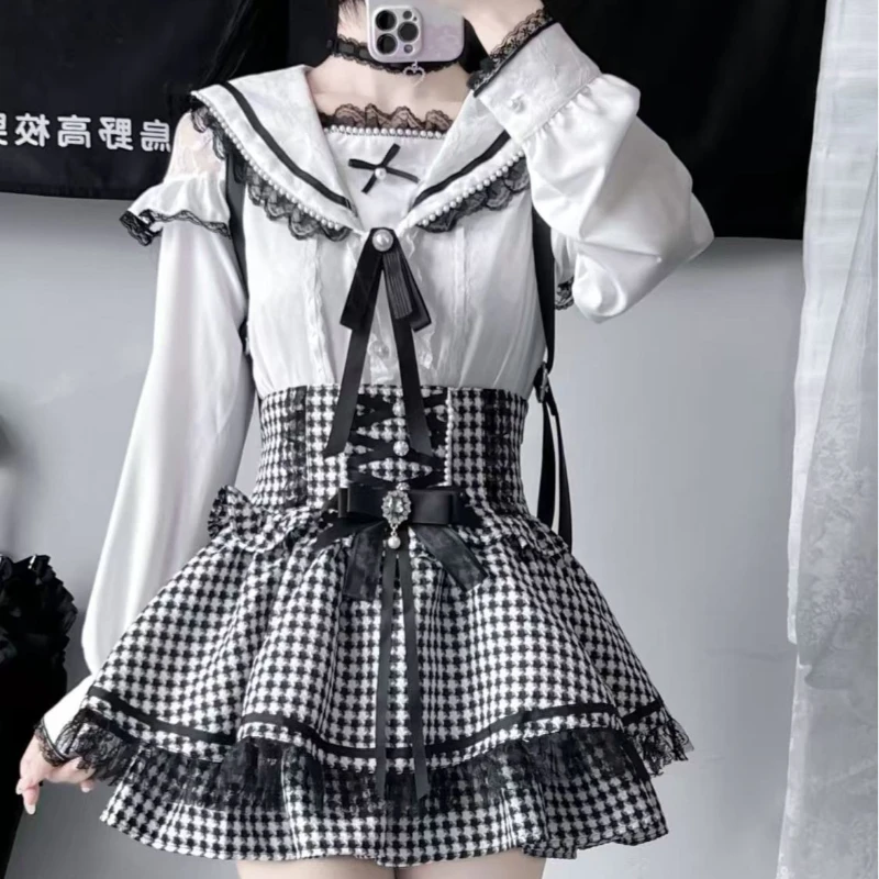 

Japanese Style Gothic Y2k Lolita Skirt Set Women Sweet Sailor Collar Bow Shirt Tops High Waist Bandage Mini Skirt Kawaii JK Suit