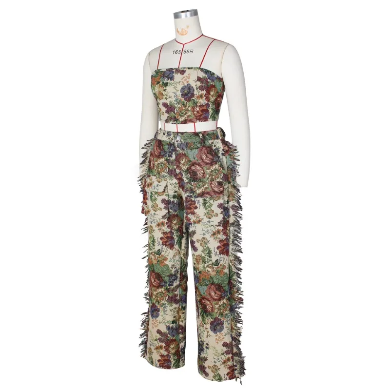 Floral Jacquard Women 2 Piece Set Adjustable Lace Up Back Strapless Crop Tops + Elastic Waist Pockets Tassel Cargo Pants Suits