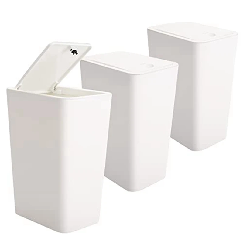 3 Packs 10 L / 2.6 Gallon Trash Can White Mini Trash Cans With Lid Top Press, Waste Basket