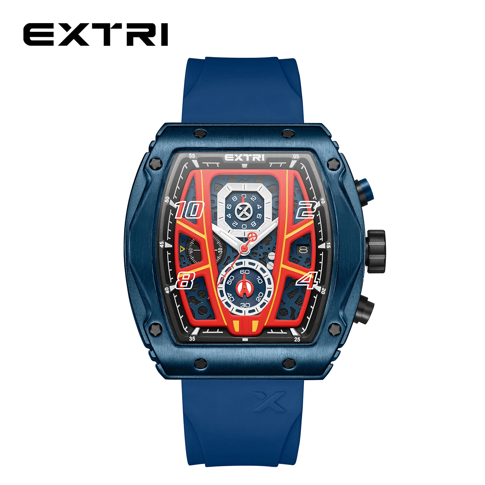 Extri Fashion Men Watch Brand Unique Square Blue Case Luxury Quartz Sports Rubber Watches Men Waterproof