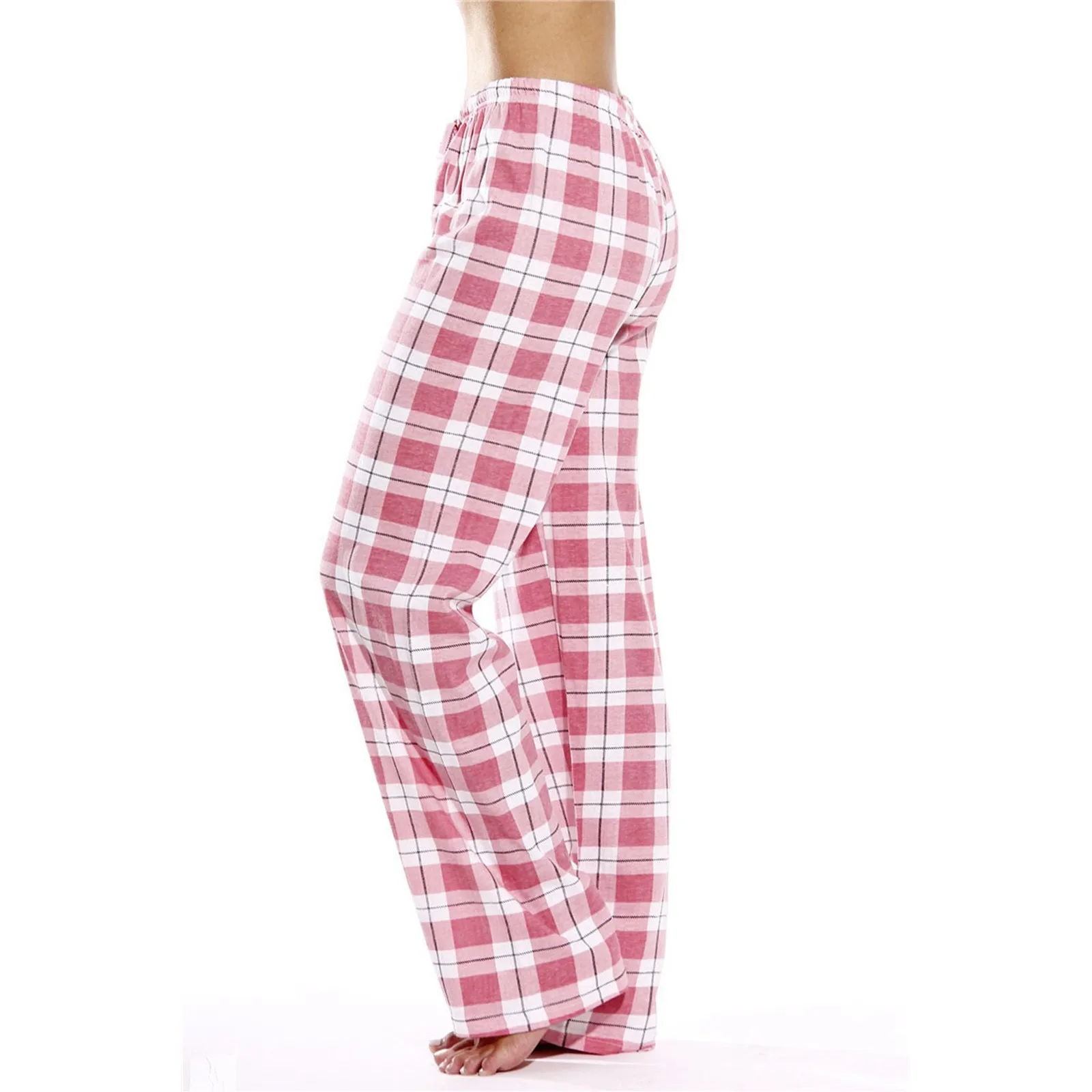 Women Micro Elastic Plaid  Pajama Trouser Home Wear Drawstring Casual Loose Pant Comfortable Soft Wide Leg Trouser