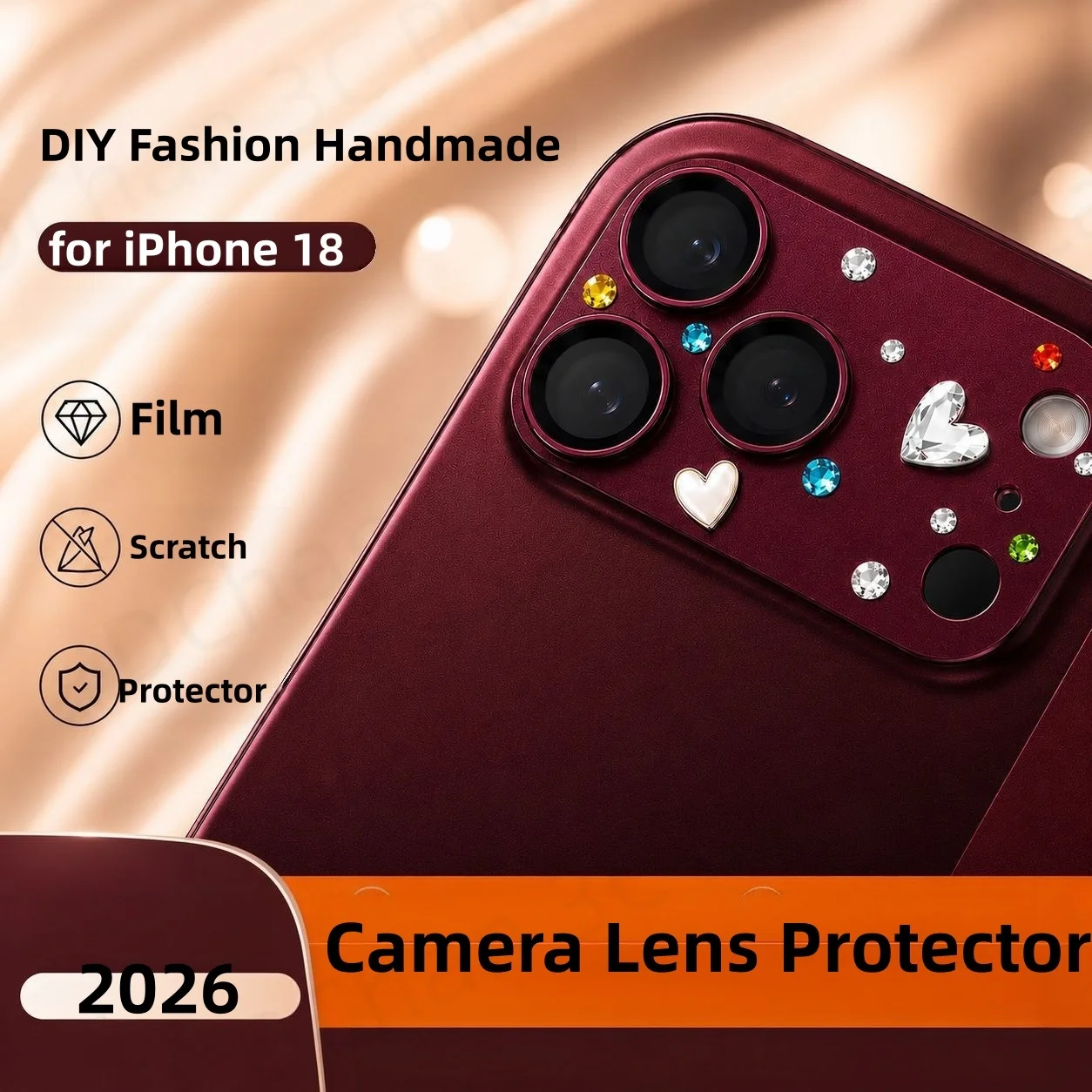 2026 for iPhone 18/17 Pro Max DIY Fashion Handmade 3D Sticker Rhinestone Camera Protector Scratch Proof Lens Glass Tempered Film