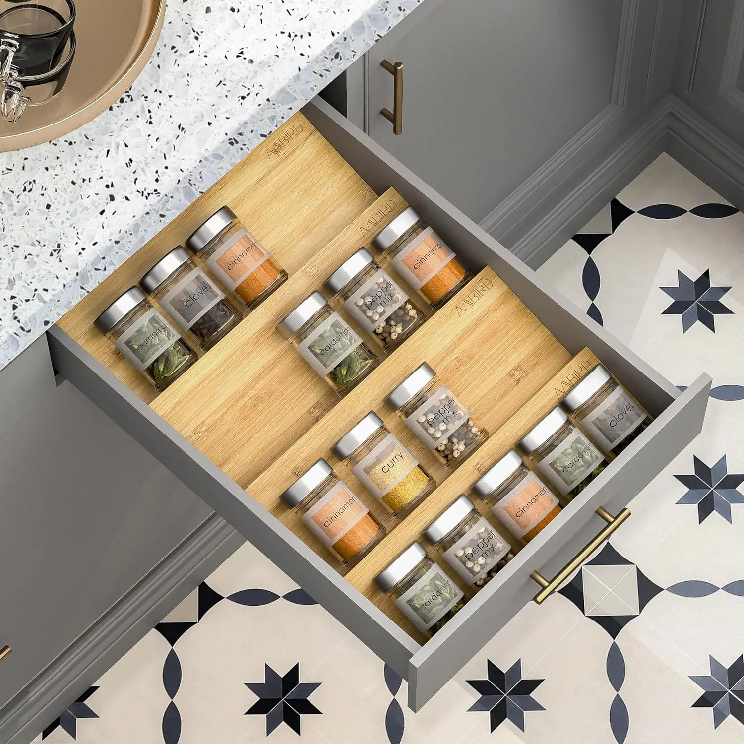 

Bamboo Spice Drawer Organizer with Non-slip Mat, 4 Tier Jar Spice Rack Tray 13'',Seasoning Organizer for Kitchen,Cabine