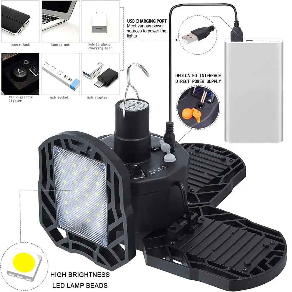 Lâmpadas solares portáteis com controle remoto, 4 folhas, Luzes de garagem, USB recarregável, Camping, Caminhadas, Lâmpada para iluminação interior e exterior