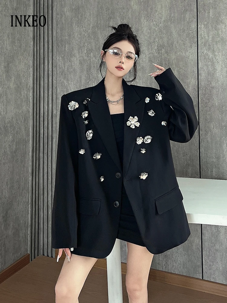 

Модный женский блейзер с цветочным принтом и блестками, оверсайз 2025, новый дизайн, черная куртка с зубчатым воротником, весенне-осенняя верхняя одежда INKEO 5O103