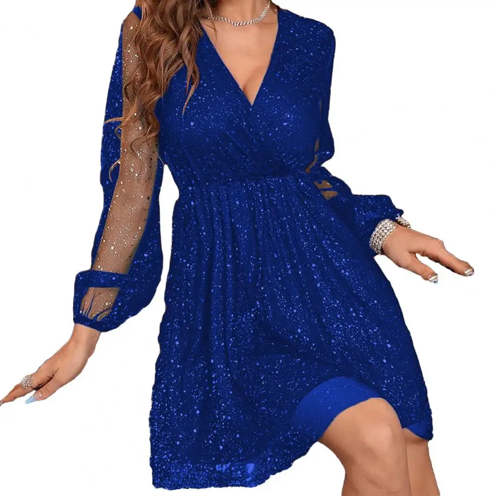 

Women V-neck Dress Sequin with High Waist A-line Silhouette for Shiny Three Quarter Sleeves Party