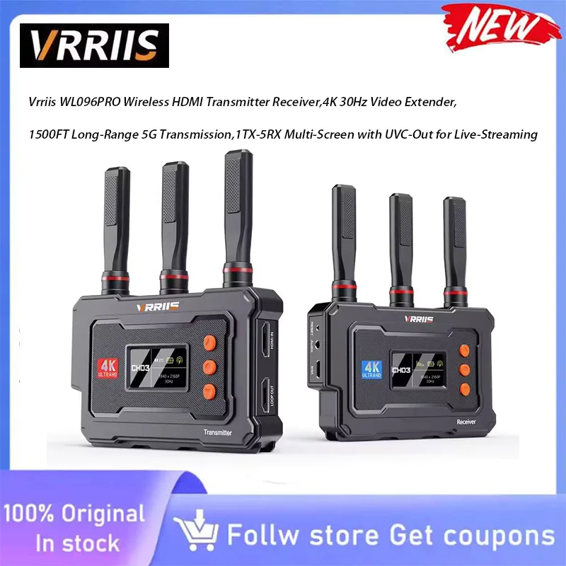 Vrriis WL096PRO Wireless HDMI Sender Receiver,UVC Live‑Stream Output,Full‑Color LCD Indicator,1500FT for Professional Filmmaking