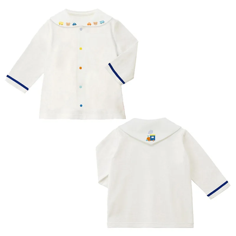 2026 New Korean Kids Boys Girls Spring Fall Cartoon Bear Car Embroidery Navy Collar Long Sleeve Shirt Top Inner Wear 80-130cm
