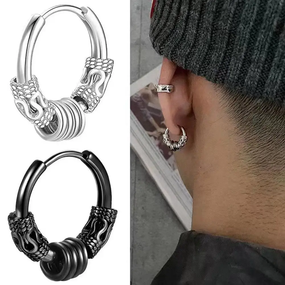 Pendientes de acero inoxidable para hombre, aretes redondos de estilo Hip Hop, con patrón de dragón, estilo Punk, V3F8