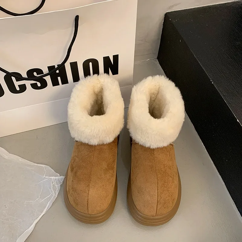 Solid Color Faux Fur Winter Boots Women's New Faux Suede Cropped Plush Snow Boots Women's Non-slip Platform Cotton Shoes