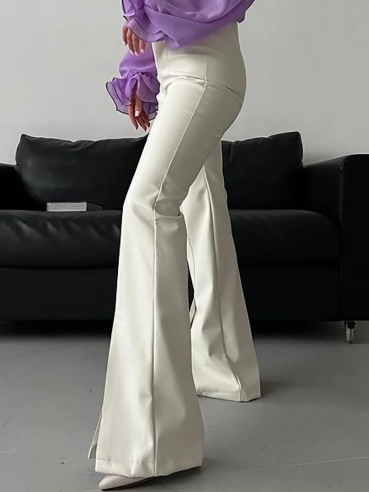 Street Style Slim Fit Micro Flare Leather Pants Women's High Waist Long Trousers Sexy Split Design Casual Pants for Ladies