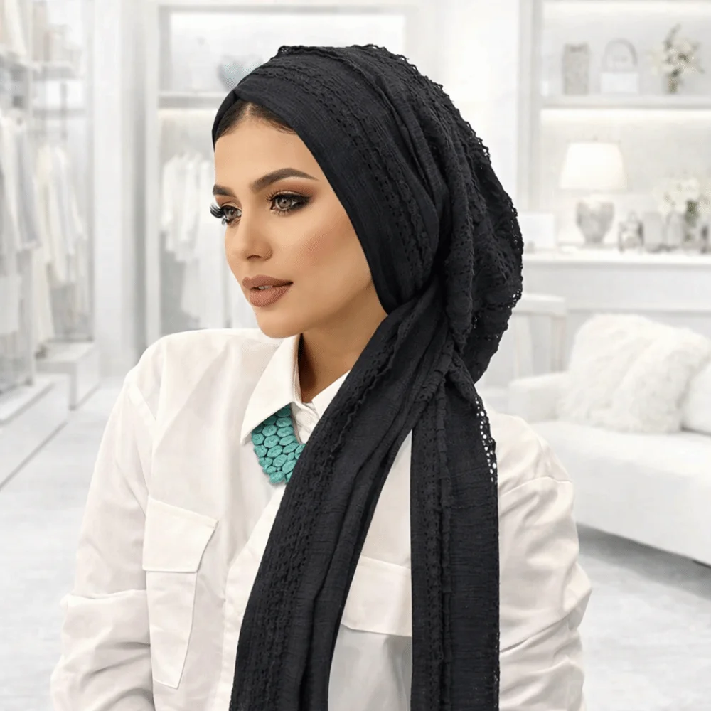 Adjustable Women Turban Hats Soft Stretch Long Tail Tie Solid Color Crinkle Hijabs Pleated Polyester Wrinkle Headscarf