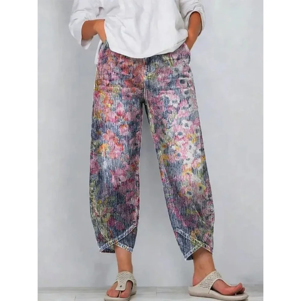 Damen Baumwoll-Haremshose mit Japanischem Ukiyo-E Wellen- und Blumenmuster, Locker Geschnittene Caprihose in Tulpenform, Knöchellange Freizeithose – Detail 4
