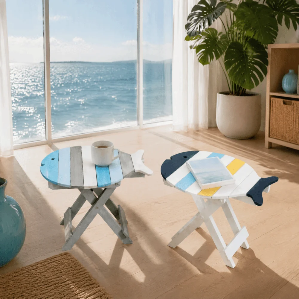 Distressed Solid Wood Folding Side Table Colorful Wooden Painted Wood Fish-Shaped Table Small Hand Painted Decorative Table