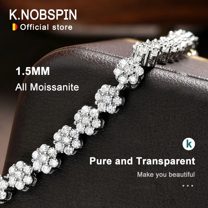 KNOBSPIN D VVS1 Moissanite Tennis Bracelet Full Diamond GRA 925 Sterling Silver Plated White Gold Flower Bracelets for Women Man