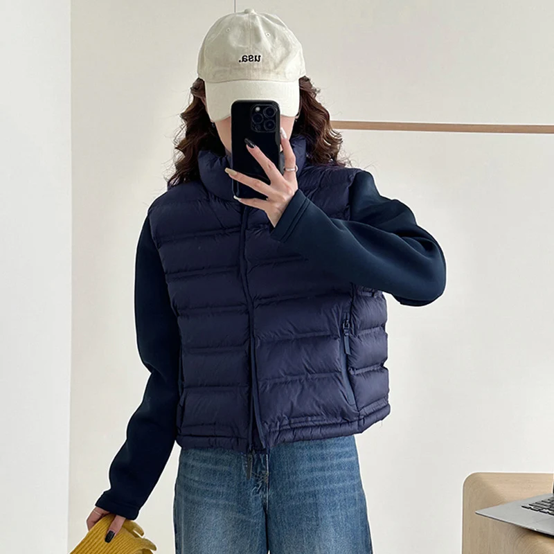 Schinteon donna piumino d'anatra bianco chiaro Patchwork autunno inverno corto capispalla colletto alla coreana cappotto Casual per studenti 2024 nuovo