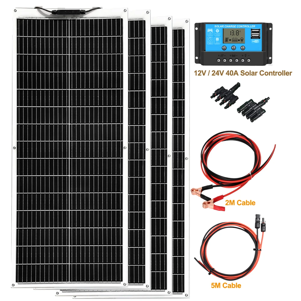 500W 400W 200W 100W Flexibel Zonnepaneel kit Draagbare fotovoltaïsche zonnepanelen PV Connector Kabels 12V 24V Solarpanel module voor Yacht RV, Camping, Home, Boot, Marine, Curve oppervlak - Duurzaam,