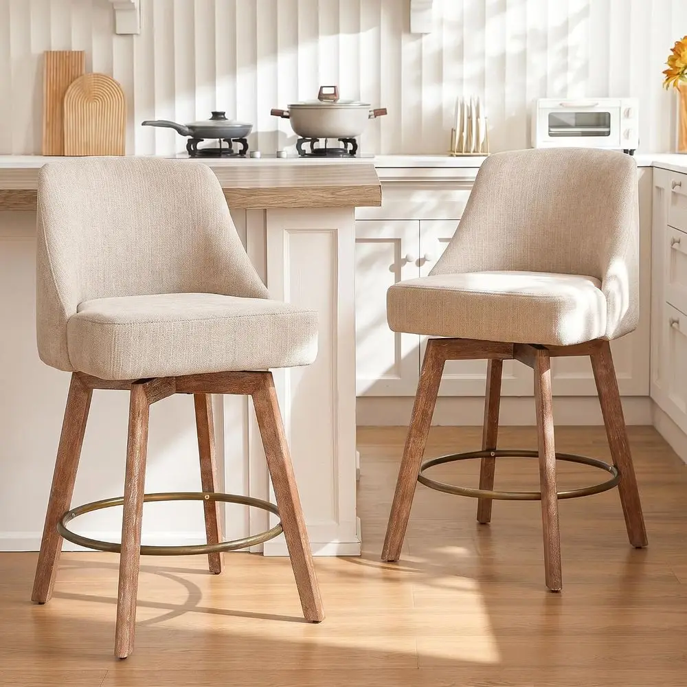 Counter Height Bar Stools,Sand-Colored Linen Comort abric Bar Stool Set o 2,360° Swivel Counter Height Stools Solid Wood Legs,27