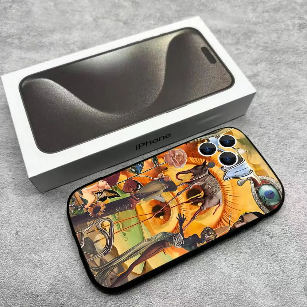 حافظة هاتف S-Salvador D-Dali Art لهاتف iPhone 17,16,15,14,13,12,Pro,Max,Plus,E,SE4,Air,Mini Black Soft Box