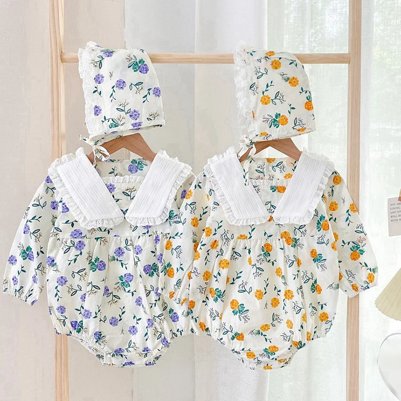 

Toddler Baby Girl Romper+Hat Floral Printing Cotton Long Sleeve Infant Baby Girls Jumpsuit Autumn Spring Baby Girls Clothes