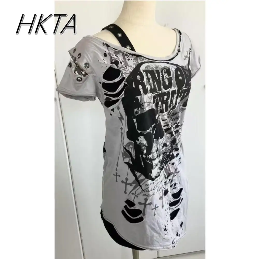 

Pure Cotton Japanese Slim Punk Style Ripped Hollow T-shirt Women Spring Hot Girl Y2k Short Sleeved Blusas Top Fake Two Pieces