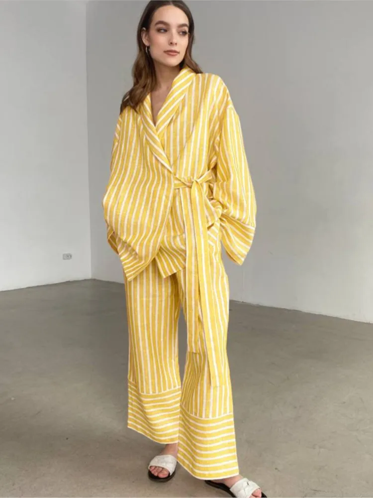 

Fashion Women's Two Piece Sets Striped Turn Down Collar Pajamas Long Sleeve Lace Up Tops Loose Straight Pants Ladies Pant Sets