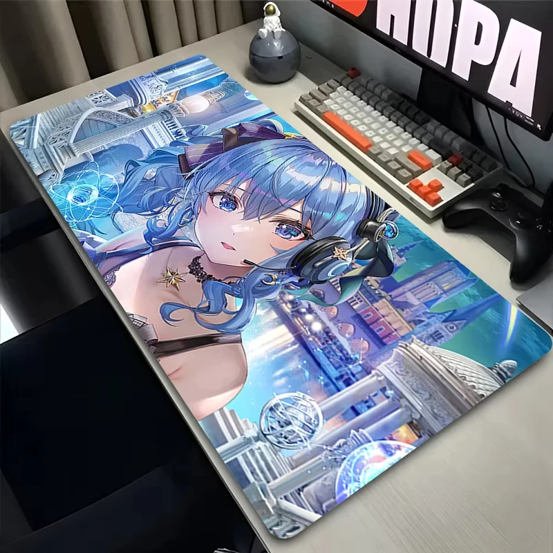 Anime Mouse Pad Gamer XXL Keyboard Mat Cyan Twin Hair Futuristic City Headset Anime Girl Multi Scene Office Gaming Home Desk