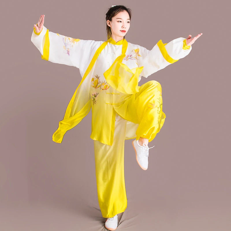 Premium Custom Yellow Ombre Silk-Linen Blend Tai Chi Uniform - Gold Magnolia Embroidered Martial Arts Outfit