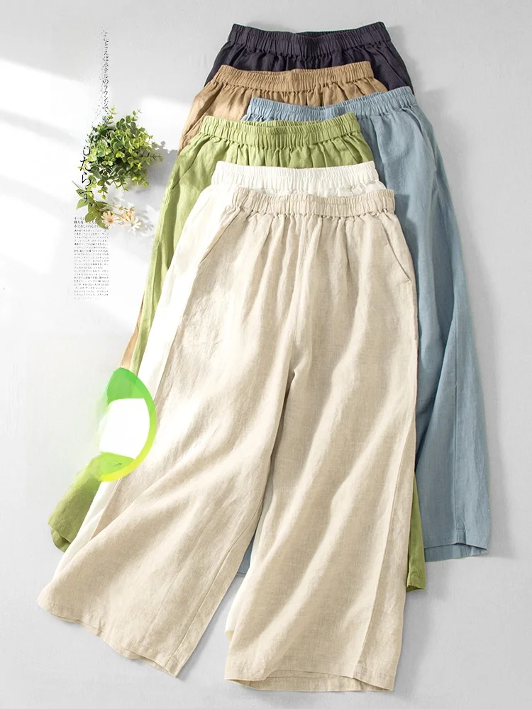 Taille haute jambe large coton lin pantalon femmes ample décontracté Yoga droit drapé sept neuf Points pantalon trajet Sle