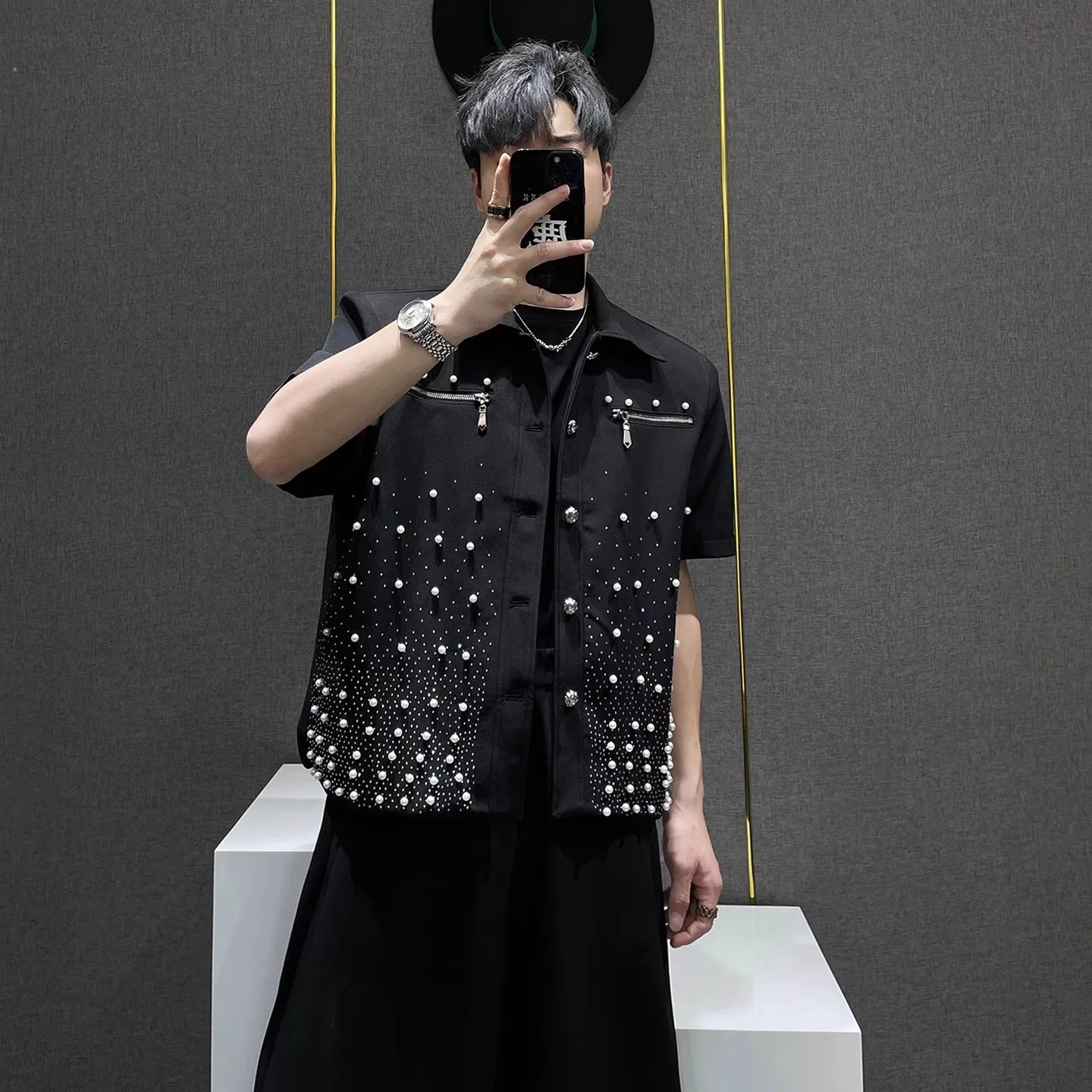 Casual Short Sleeve Jacket for Men Pearl Decorated Stylish Loose Fit Summer Outerwear Breathable Standard Fit  Shirt