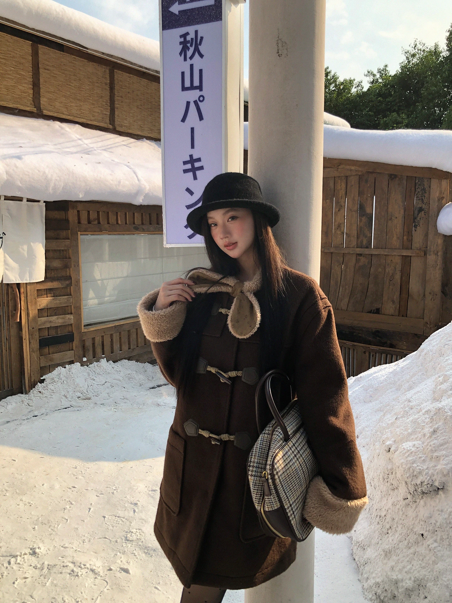 معطف نسائي صوفي بنمط G، بني مبطن بالقطن، متوسط الطول، ملابس خارجية مخططة للربيع والخريف والشتاء، بأكمام طويلة وأزرار