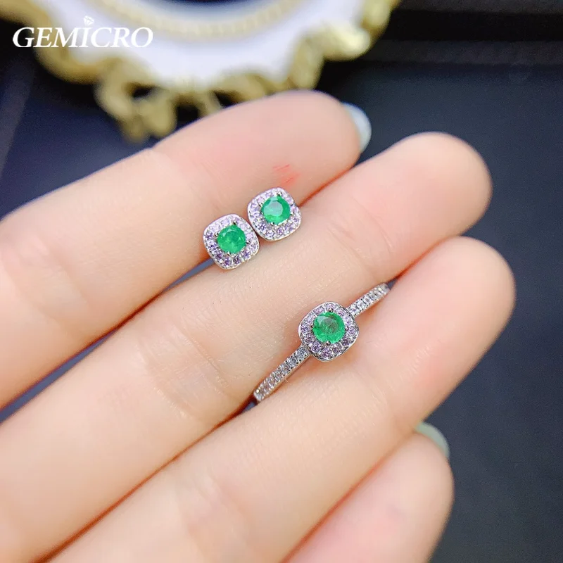 New 925 Sterling Silver Fashion Natural Emerald Gemstone Finger Rings, Earring Studs For Women Elegant Simple Fine Jewelry Set