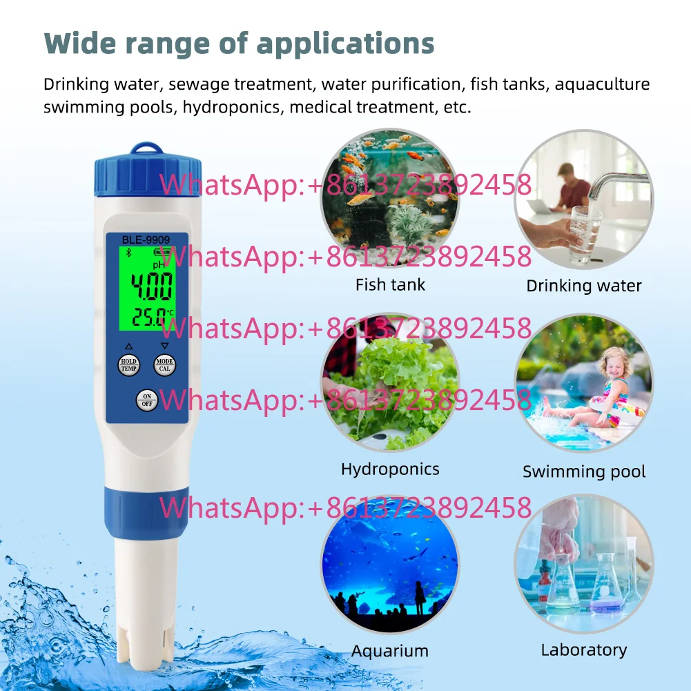 Smart for pH Meter 5-in-1 PH/EC/TDS/Salinity/Temperature Tester BLE-9909 Powered by Mobile App LR44 Battery