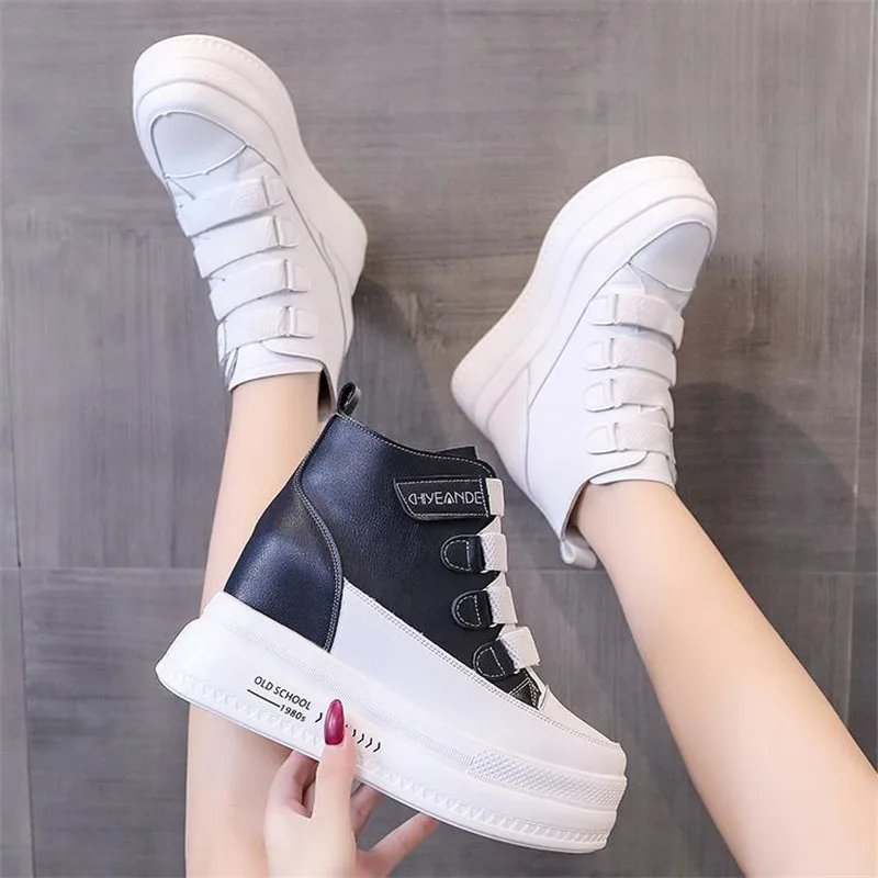 Autumn High Platform Sneakers 8CM High Heels Women Thick Sole Ankle Boots Leather Wedge Winter Casual Shoes Boots