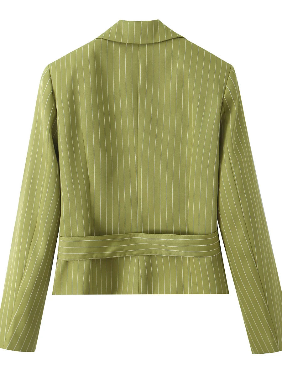 Slimming Green Striped Belted Short Suit Jacket for Women Business Professional Fitted Outerwear European Style Polyester Fiber