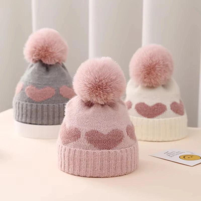 Baby Knitted Hat Winter Soft Pompom Newborn Beanie Cap Cute Love Heart Crochet Warm Infant Girls Hats Bonnet