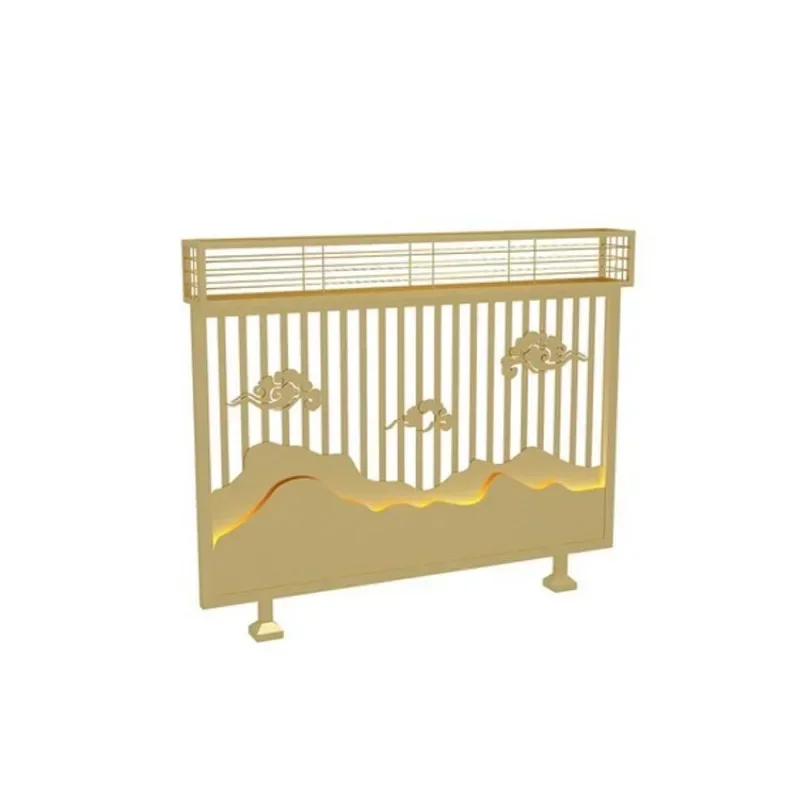 Modern Chinese restaurant low partition bar booth low wrought iron screen fence aisle green plant flower stand decorative