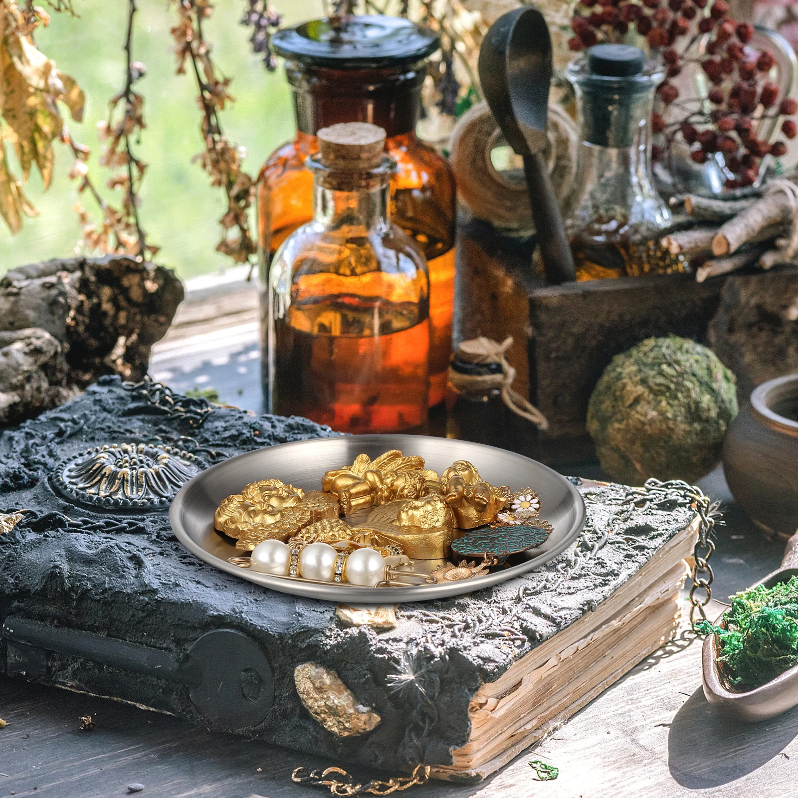 

Pentacle Gold Plate Decorative Ritual Tray Burner Accessories Silver Dish Platter for Alter Child