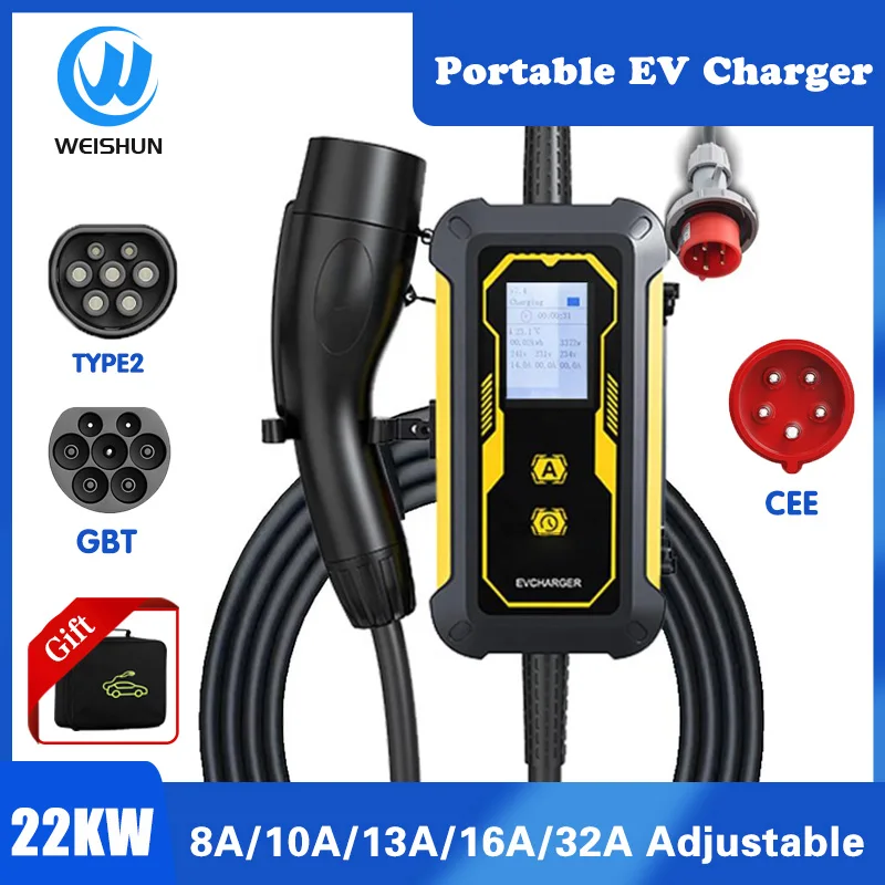 22KW 32A 3Phase Type2 Portable EV Charger Control EVSE Charging Box 16A GBT Charging Station for Electric Car Charger