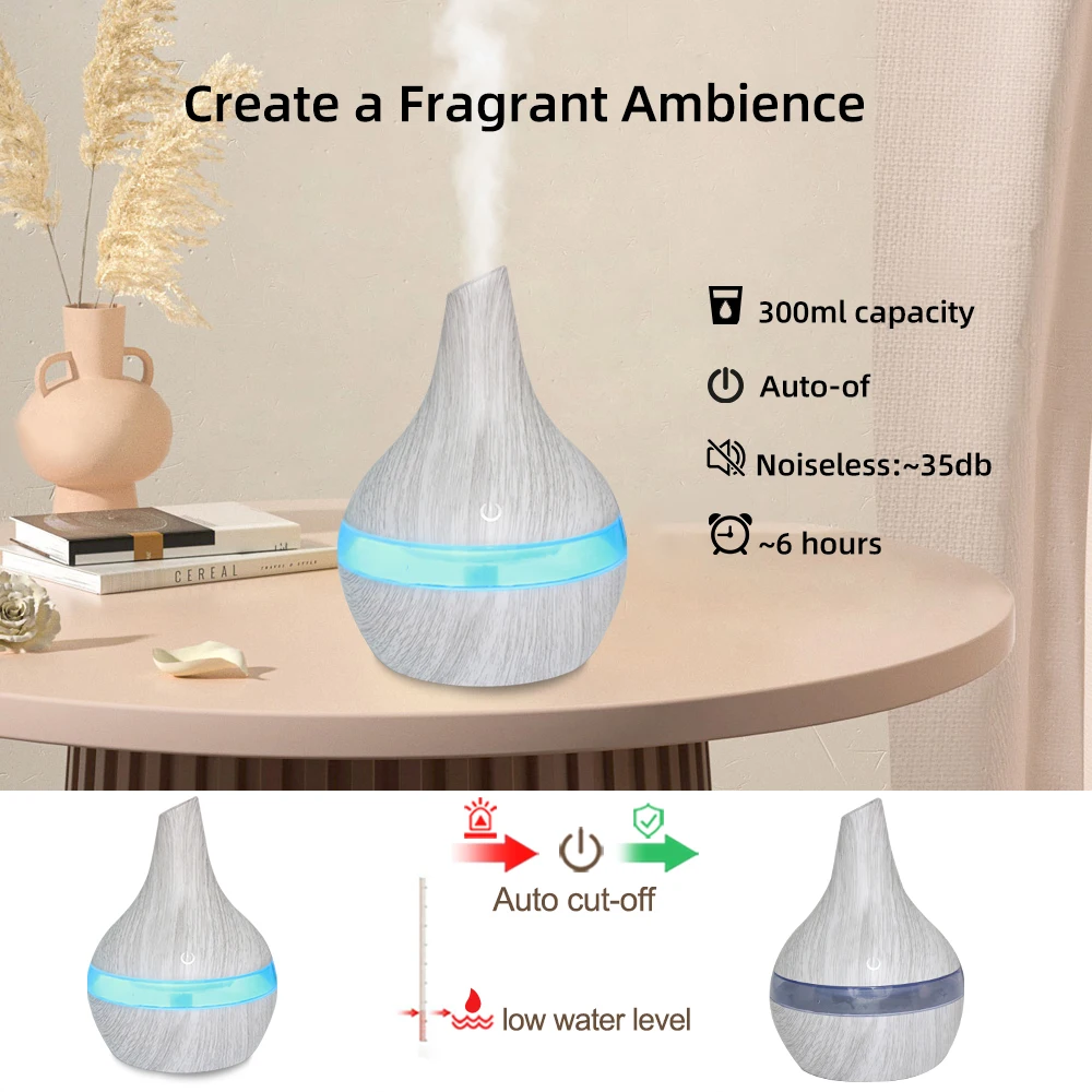 300ml USB Diffuser & Humidifier  Wood Grain Design, Ultra Quiet, 2 Oils, Perfect for Home & Office