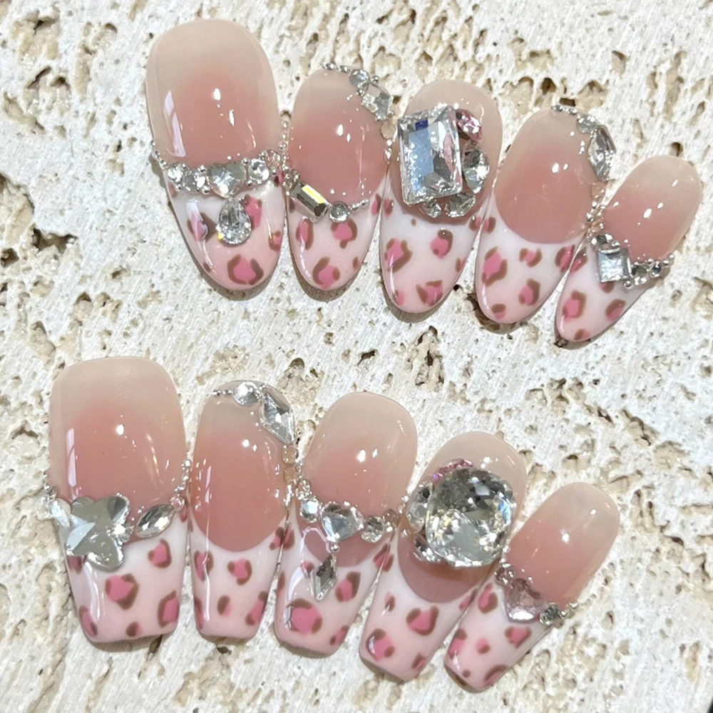 10 pçs olhos de gato artesanal longo caixão elipse imprensa francesa em unhas 3d glitter strass flores pérola gradientes cobertura completa prego