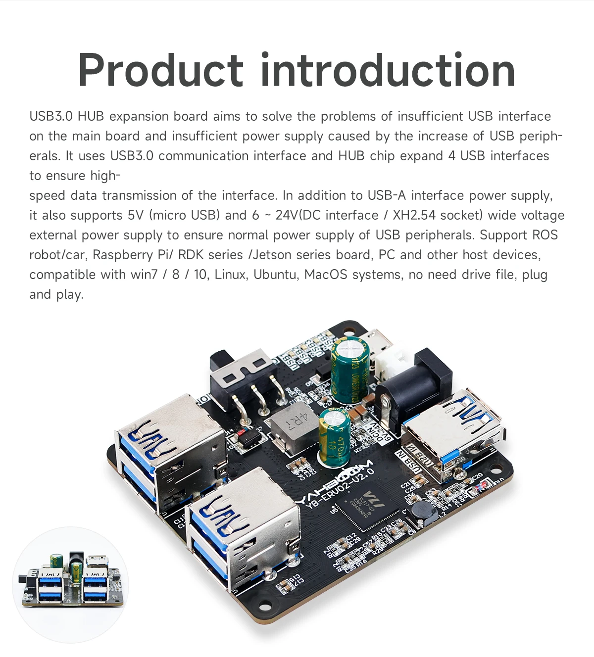 USB-Hub 3.0 Multi-USB-Splitter, 4 USB-Anschlüsse mit Micro-Ladeleistung, 9–24 V Stromversorgung für Raspberry Pi 5/4B Jetson Ros Roboterausrüstung – Detail 3