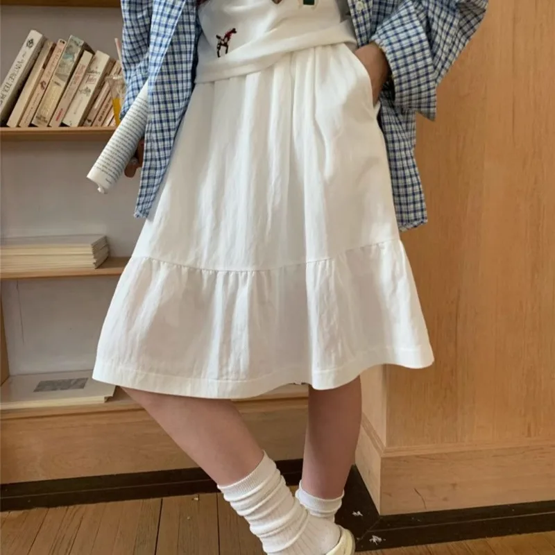Spring Summer 2026 New Women's Midi Skirt Solid High Waisted College Style Female Casual A-line Umbrella Skirt Trend