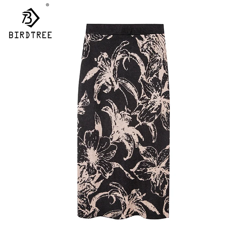 

BirdTree, Women Ink Jacquard OL Skirts, 32.4% Wool Knitted Slim Long Skirt, 2024 Autumn Winter Warm Under Dress Black B49203QM