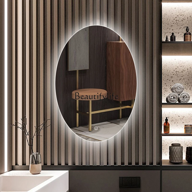 

Modern Simple Bath Mirrors for Toilets Punch-free Touch Screen Anti-fog Mirror Light Luxury Oval Decorative
